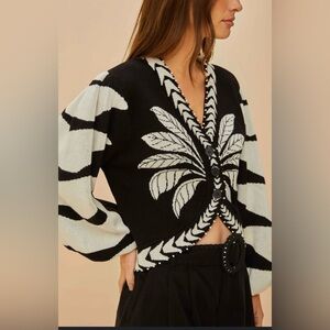 FARM Rio Palms Graphic Black and White Pattern Beaded Sweater Cardigan XS NWT